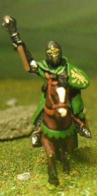 Mounted Knights, 1200-1350AD with Heater Shield & Mace, Axe or Sword in Helmets & Hooded Cloaks, on Unarmoured Horse MID12a