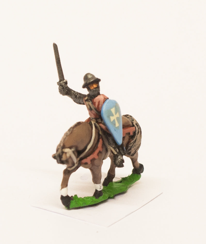 Mounted Knights, 1200-1350AD with Kite Shield & Mace, Axe or Sword, in Kettle Helms on Unarmoured Horse MID14a