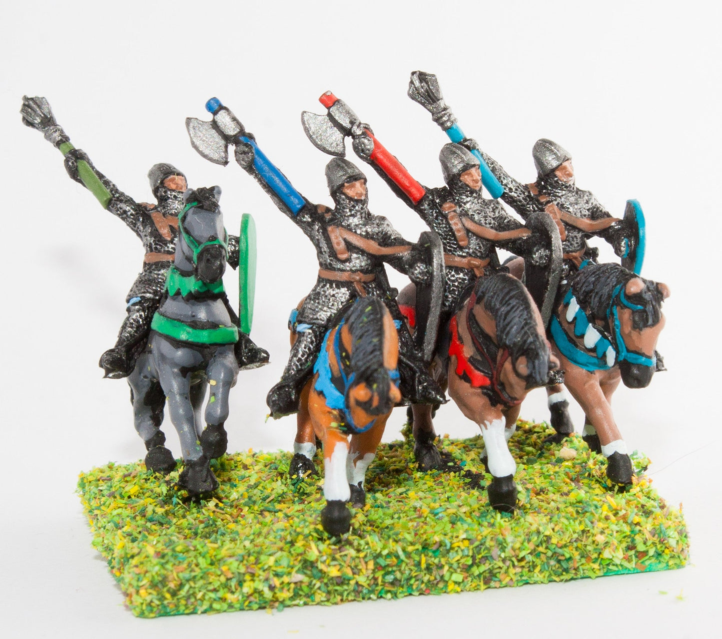 Mounted Knights, 1150-1200AD with Kite Shield, Mace or Axe, in Mail Surcoat & Conical Helms on Unarmoured Horse MID4A