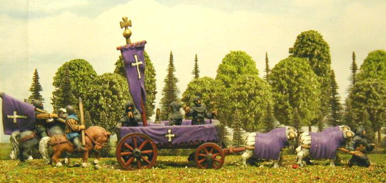 Carroccio: 4 Wheeled Religious Wagon with Altar Mast and Large Banner with Praying Monk, Pulled By 4 Oxen MFPE17